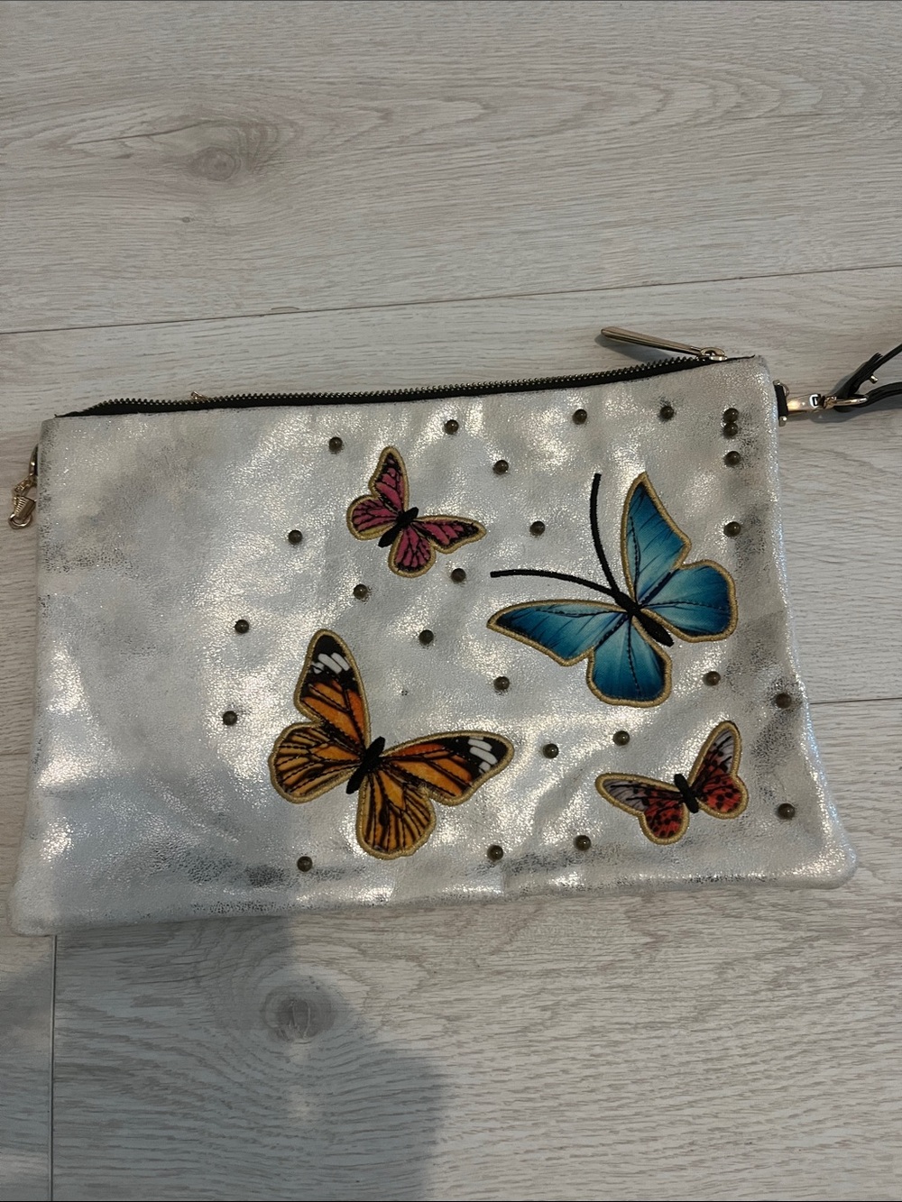Butterfly Embroidered Silver Wristlet Pouch